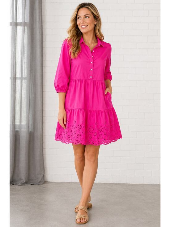 GAP Dresses & Skirts - GAP Women’s M Hot Pink Eyelet Hem Tunic Dress 3/4 Sleeve Button Front Cotton